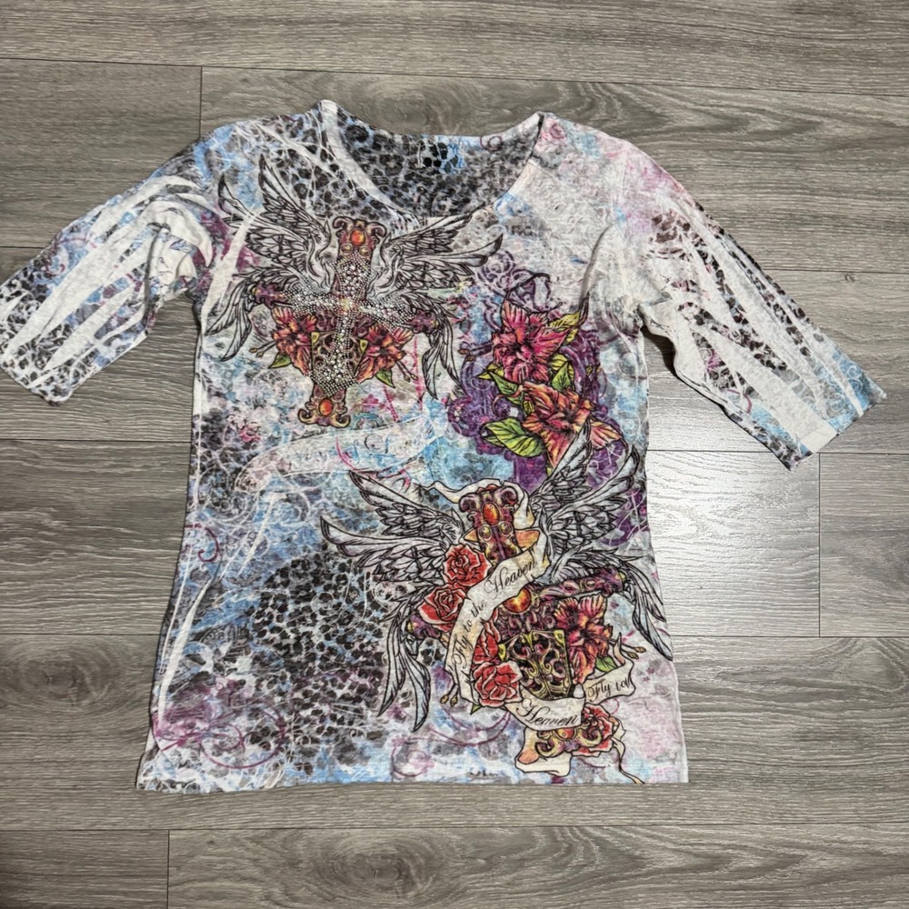Y2K Shirt L Fairy Grunge Tattoo Women Wings Rhinestone Cross Sublimation Burnout